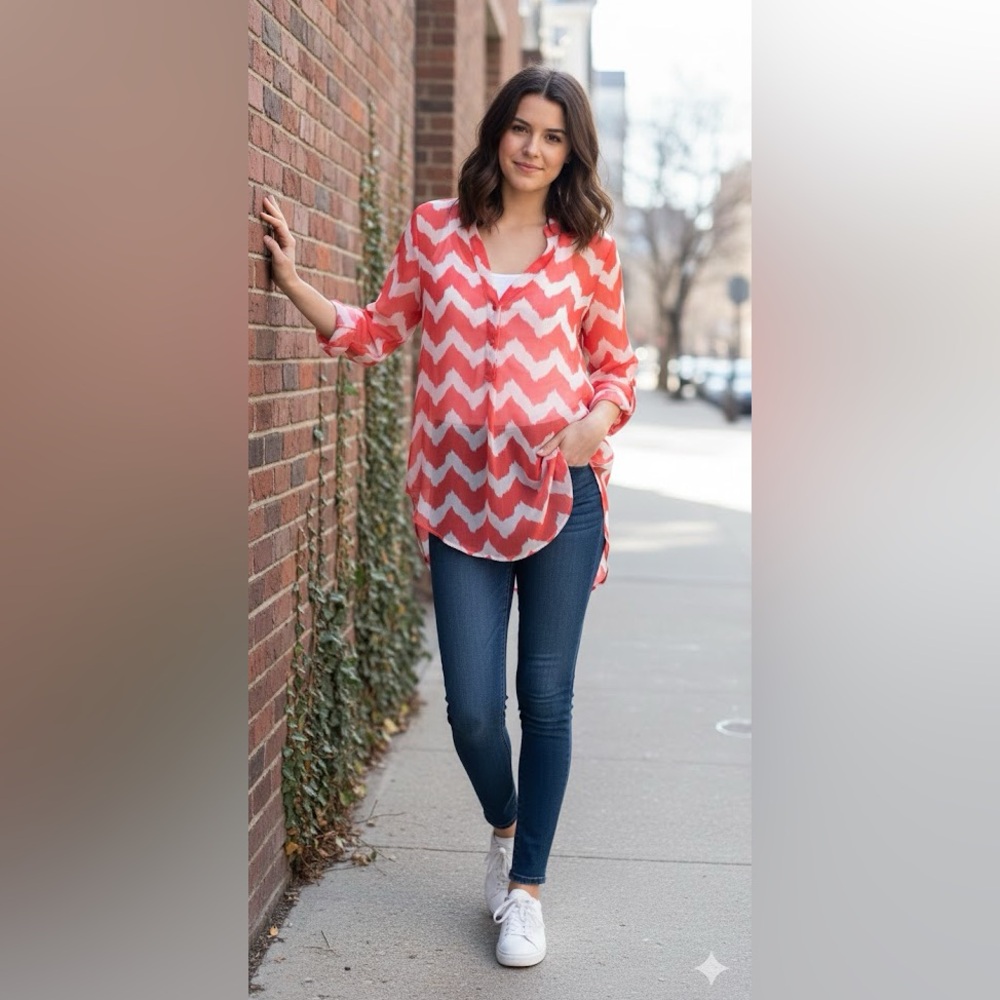 Byline  Women's Mock Neck Shirt, Coral /White Chevron, Polyester Size Medium